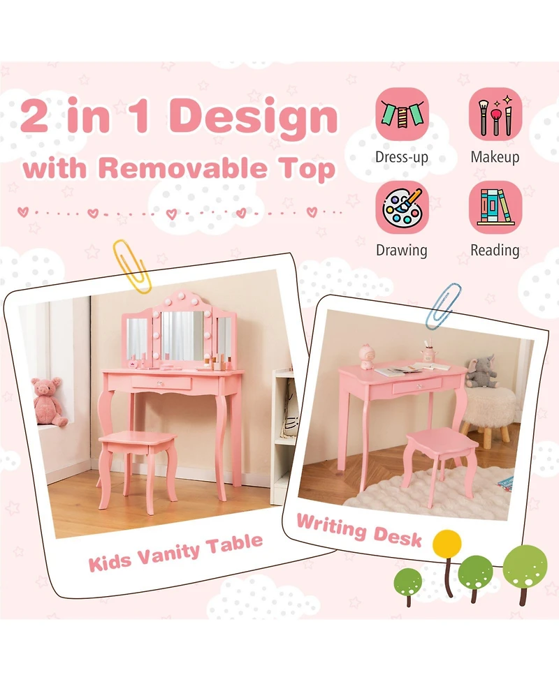 Slickblue Kids Vanity Table Set with Stool Tri Folding Mirror and 3 Color Led Lights