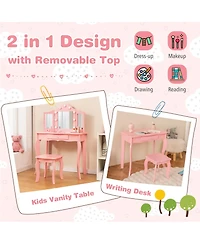 Slickblue Kids Vanity Table Set with Stool Tri Folding Mirror and 3 Color Led Lights