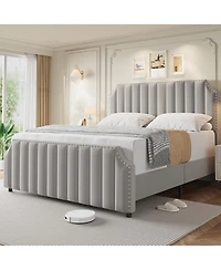 homfan Velvet Bed Frame, 50.2" Tall Headboard and Footboard, Upholstered Platform Bed with Nailhead Trim, No Box Spring Needed