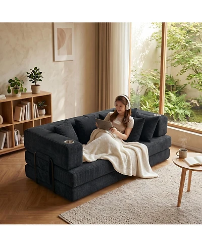 homfan 5-in-1 Convertible Sofa Bed, Corduroy Floor with 4 Pillows, 2 Cup Holders and Deep Seat Cushion for Small Spaces