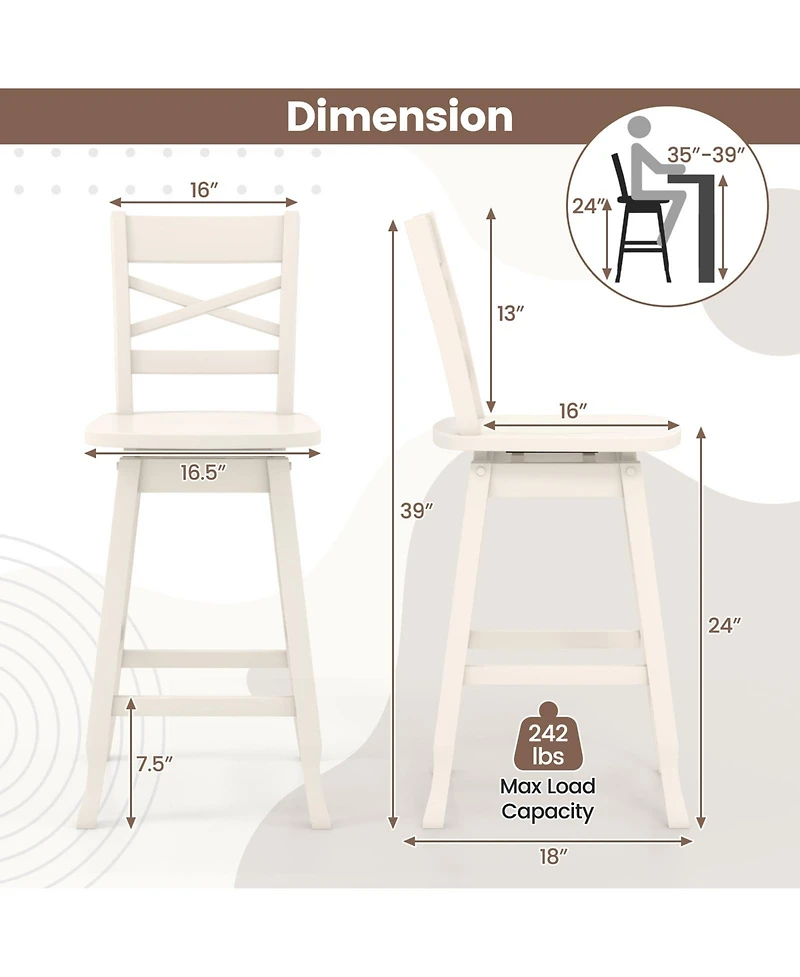 Gymax 4 Pieces 24 Inch Rubber Wood Counter Height Stool Swivel Bar Stool Inclined Backrest