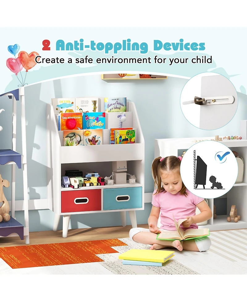Gymax Kids Bookshelf with 3-Tier Bookshelves Open Compartment and 2 Foldable Fabric Drawers