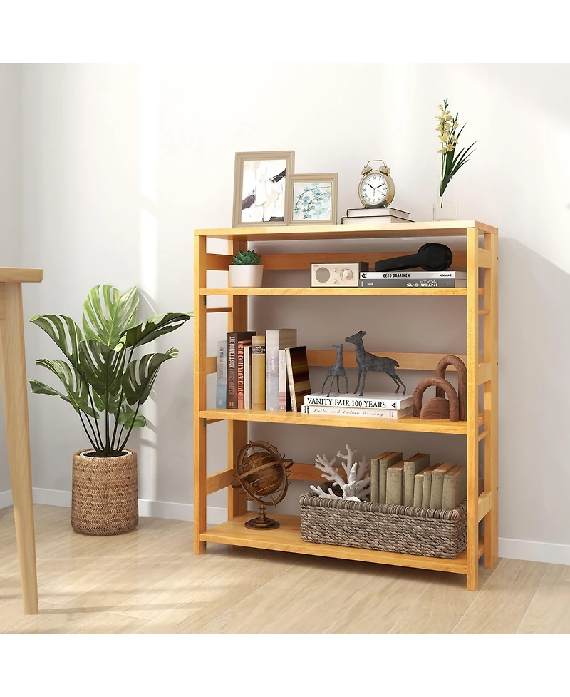 Gymax 4 Tier Bookshelf Floor Storage Shelf with Rubber Wood Frame Anti Toppling Kits