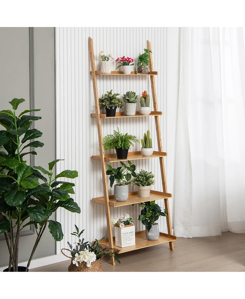 Gymax 5-Tier Bamboo Ladder Shelf Wall-Leaning Bookshelf Display Bookcase Storage Rack