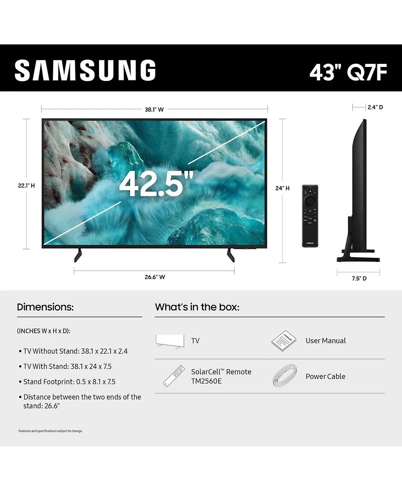 Samsung QN43Q7FAAFXZA 43 Inch Qled Q7F 4K Vision Ai Smart Tv with a Samsung Hw-LS60D 2.0 Channel Photo Frame Speaker with Dolby Atmos (2025)