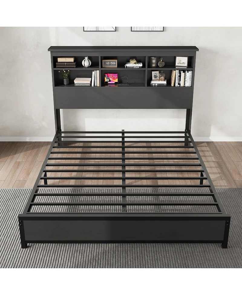 homfan Bed Frame with Bookcase Headboard, 2-Tier Storage Platform Bed with Charging Station, No Box Spring Needed