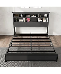 homfan Bed Frame with Bookcase Headboard, 2-Tier Storage Platform Bed with Charging Station, No Box Spring Needed