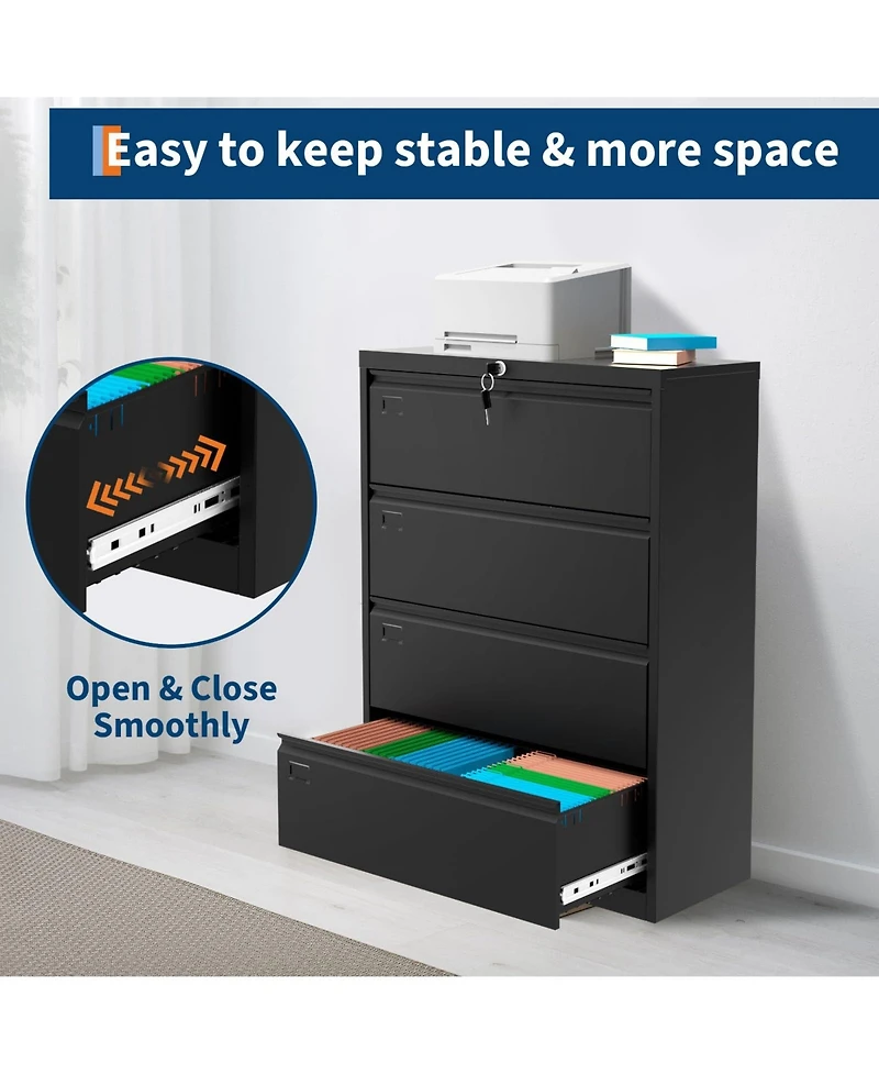 homfan 4-Drawer Lateral File Cabinet Heavy Duty Steel Filing Storage for Office and Home Lockable, Fits Legal/Letter/A4 Documents