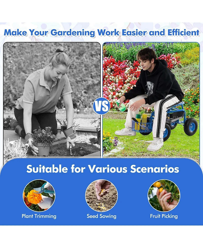 Garden Cart Rolling Work Seat for Planting w/E xtendable Handle