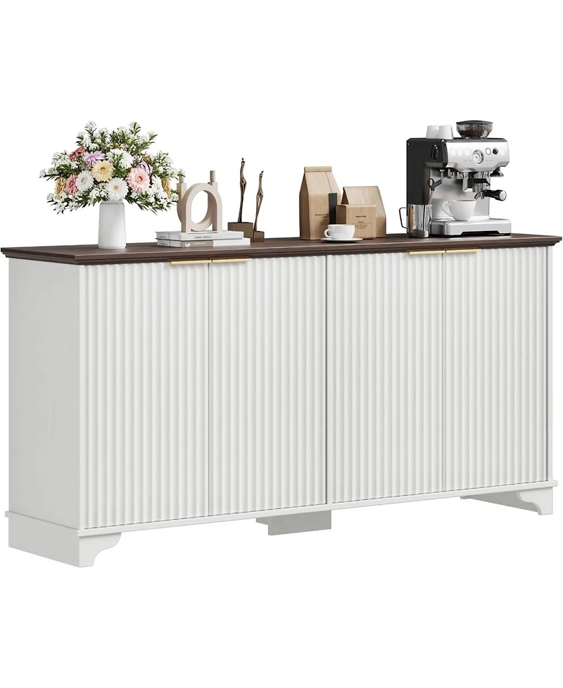 gaomon 61 Inch Modern Fluted Buffet Cabinet, Wooden 4-Door Sideboard with Adjustable Shelves, Kitchen Storage Cabinet Accent Furniture