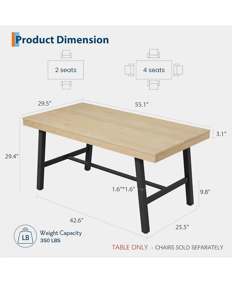 homfan 55 Inch Wood Color Industrial Dining Table Rectangular Heavy Duty Kitchen Table with Metal Legs for 2 to 4, Small Space