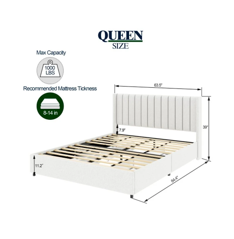 Lucky One Queen Size Ivory Boucle Upholstered Platform Bed with Patented 4 Drawers Storage, Tufted Headboard, Wooden Slats, No Box Spring Needed