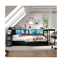 Lucky One Full Size Corner Bed Frame with Bookcase, 2 Under-Bed Drawers, Led Lights, Charging Station, Left or Right Assembly