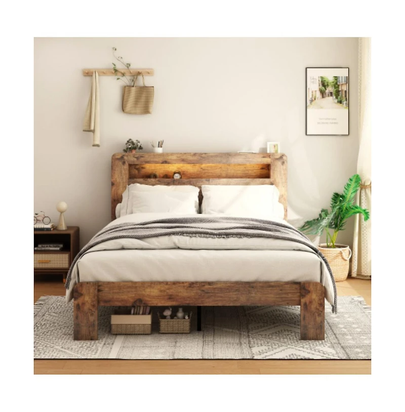 Lucky One King Size Wood Platform Bed Frame with Storage Led Headboard, Usb Charging, Wood Slats