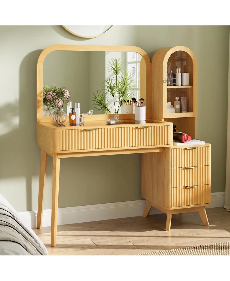 Streamdale Furniture 48'' Fluted Makeup Vanity Desk with Mirror 4 Drawers and Charging Station