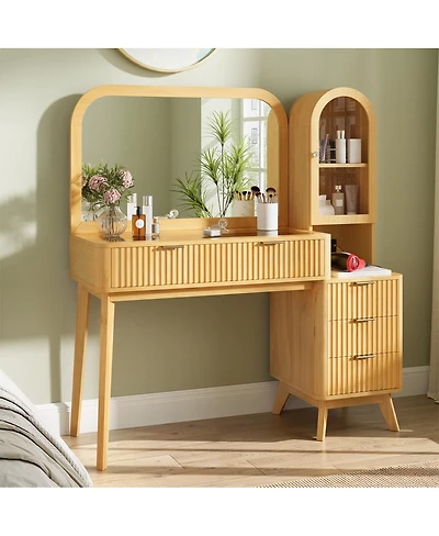Streamdale Furniture 48'' Fluted Makeup Vanity Desk with Mirror 4 Drawers and Charging Station