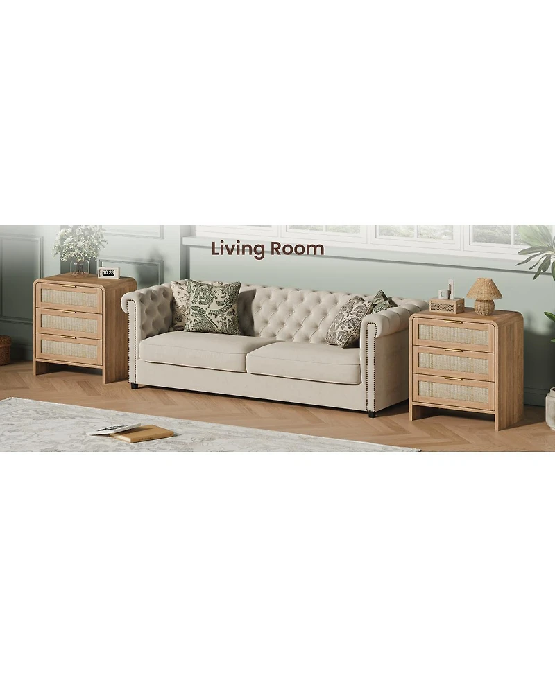 Streamdale Furniture 3-Drawer Rattan Nightstand 22.8'' Wide Curved Bedside Table Caramel