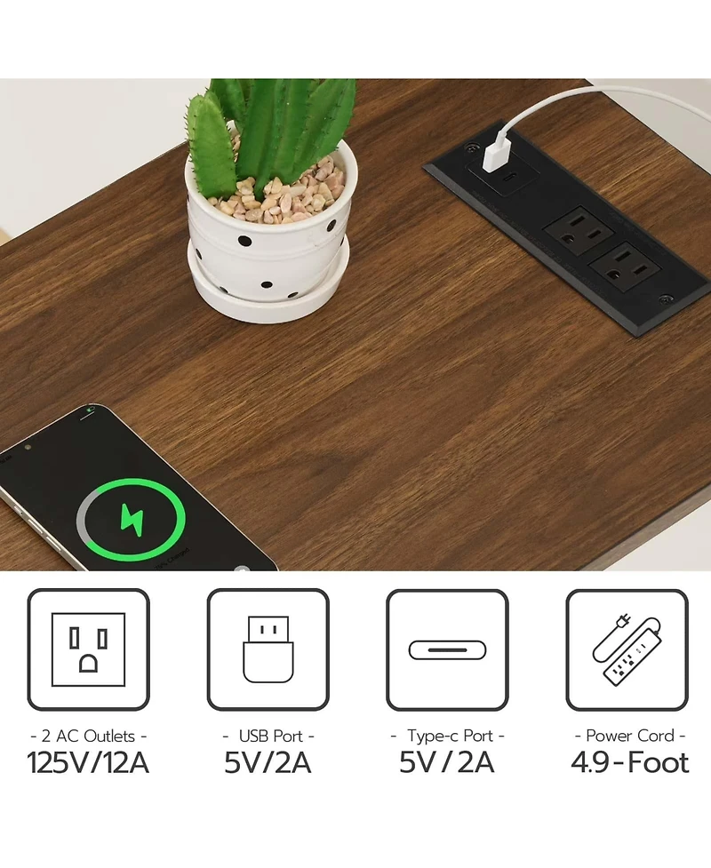 Slickblue Modern Side Table with Charging Station, Glass Door and Adjustable Shelf