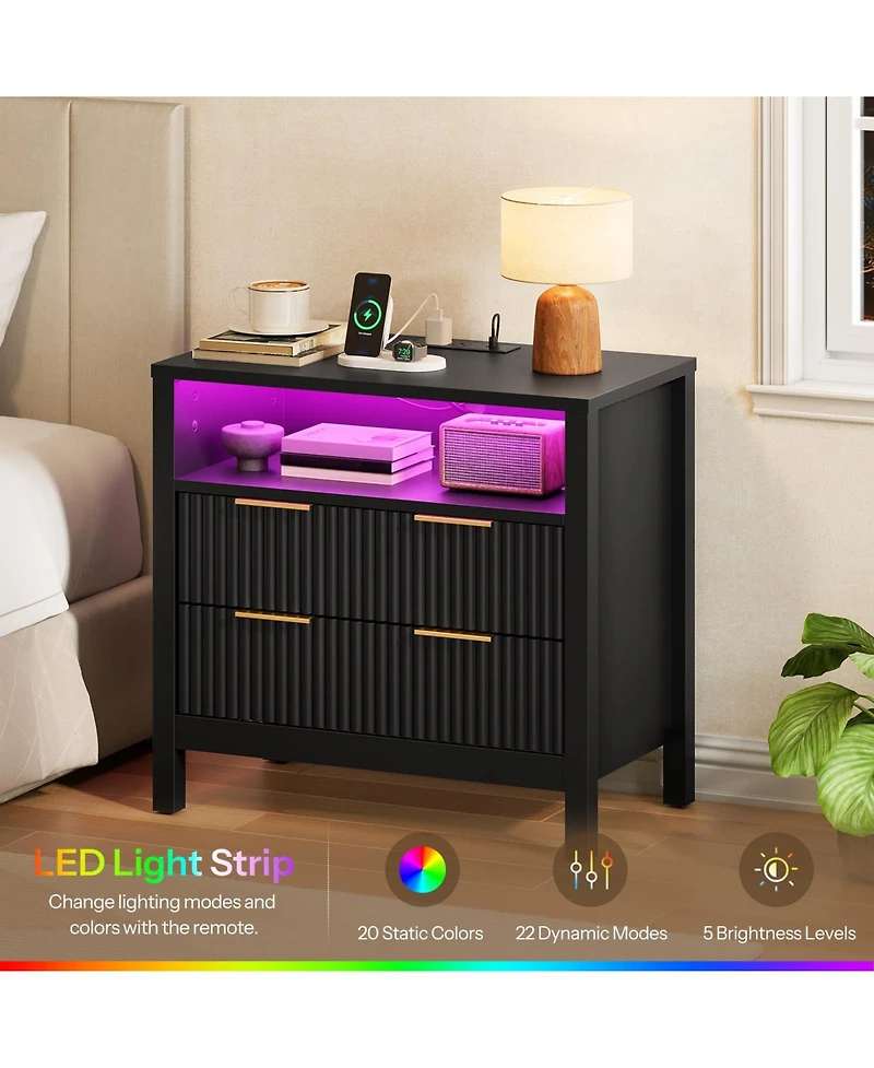 Slickblue Wooden Bedside Table with Charging Station, Led Lights and Shelf