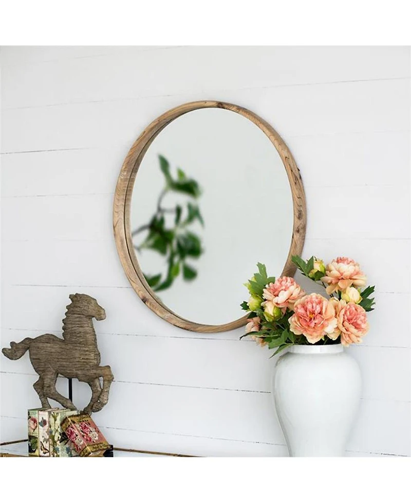 Laoties 28" Rustic Round Wood Wall Mirror, Farmhouse Fir Wood Circle Mirror for Living Room
