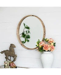 Laoties 28" Rustic Round Wood Wall Mirror, Farmhouse Fir Wood Circle Mirror for Living Room