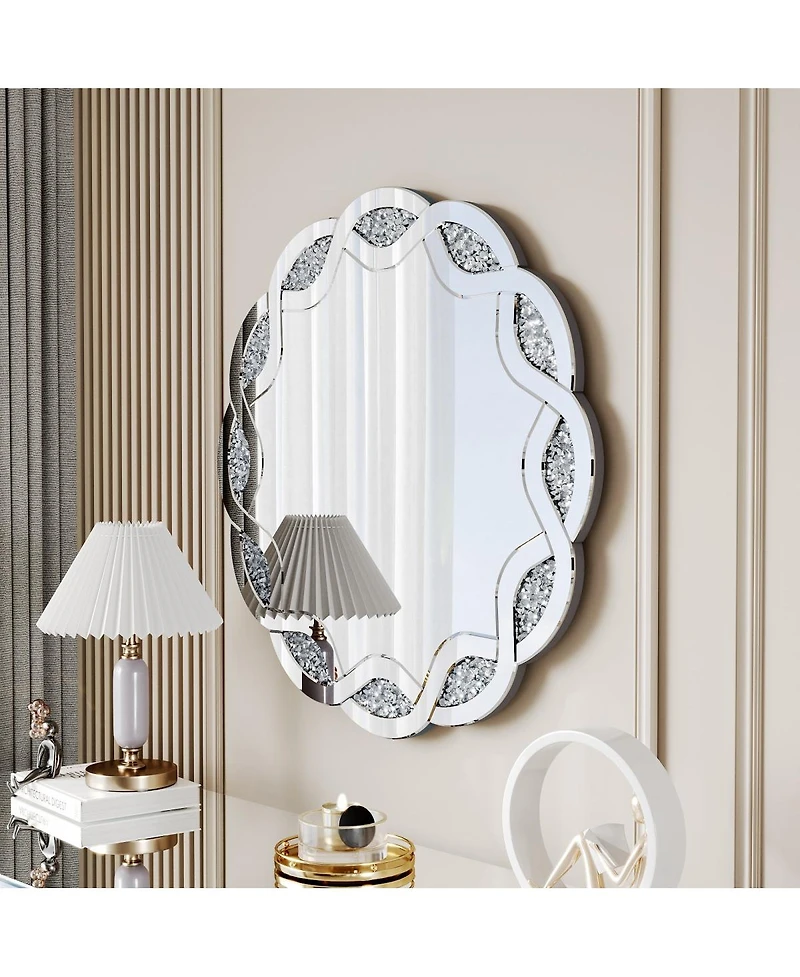 Laoties 31.5" Round Wall Mirror, Diamond Decorative Vanity Mirror for Bathroom, Entryway and Living Room