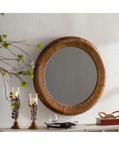 Laoties 31" Round Wall Mirror, Hammered Iron Frame Rustic Accent Mirror for Living Room and Entryway