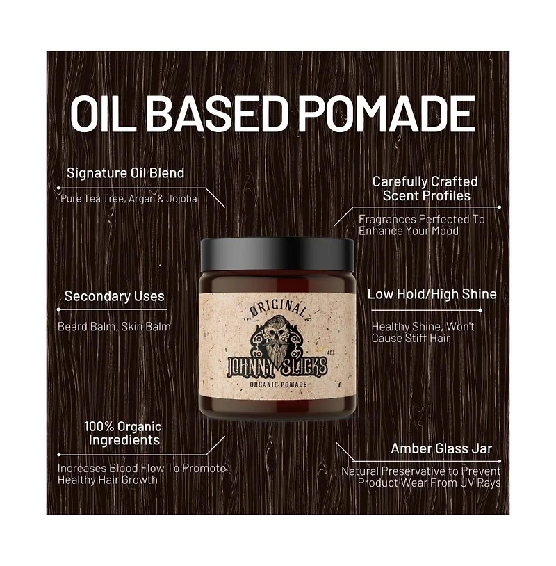 Johnny Slicks Oil Based Pomade | Low to Medium Hold and High Shine Finish | 4 oz | Rugged Scent