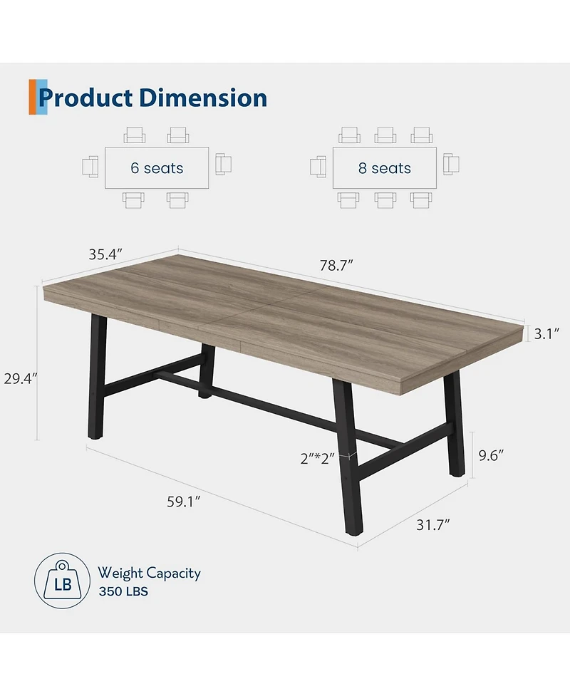 homfan 78.7 Inch Industrial Dining Table for 6 to 8, Rustic Pear Metal Frame Kitchen Table