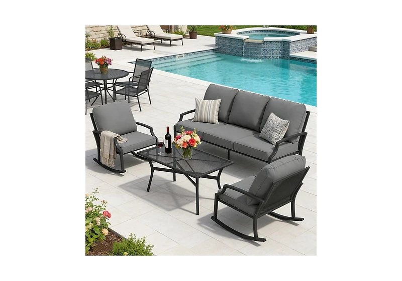 Aecojoy 4-Piece Outdoor Patio Furniture Set with Rocking Chair, Metal Conversation Bistro