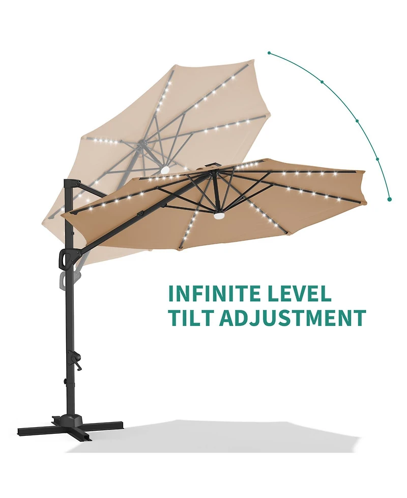 homfan 10Feet Solar Led Cantilever Patio Umbrella, 360degree(s) Rotation, Adjustable Tilt, Cross Base and Uv Fabric, for Patio, Pool And Garden