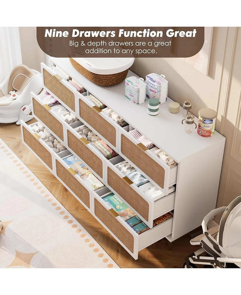 gaomon Rattan 9-Drawer Dresser, Tall Modern Closet with Deep Storage