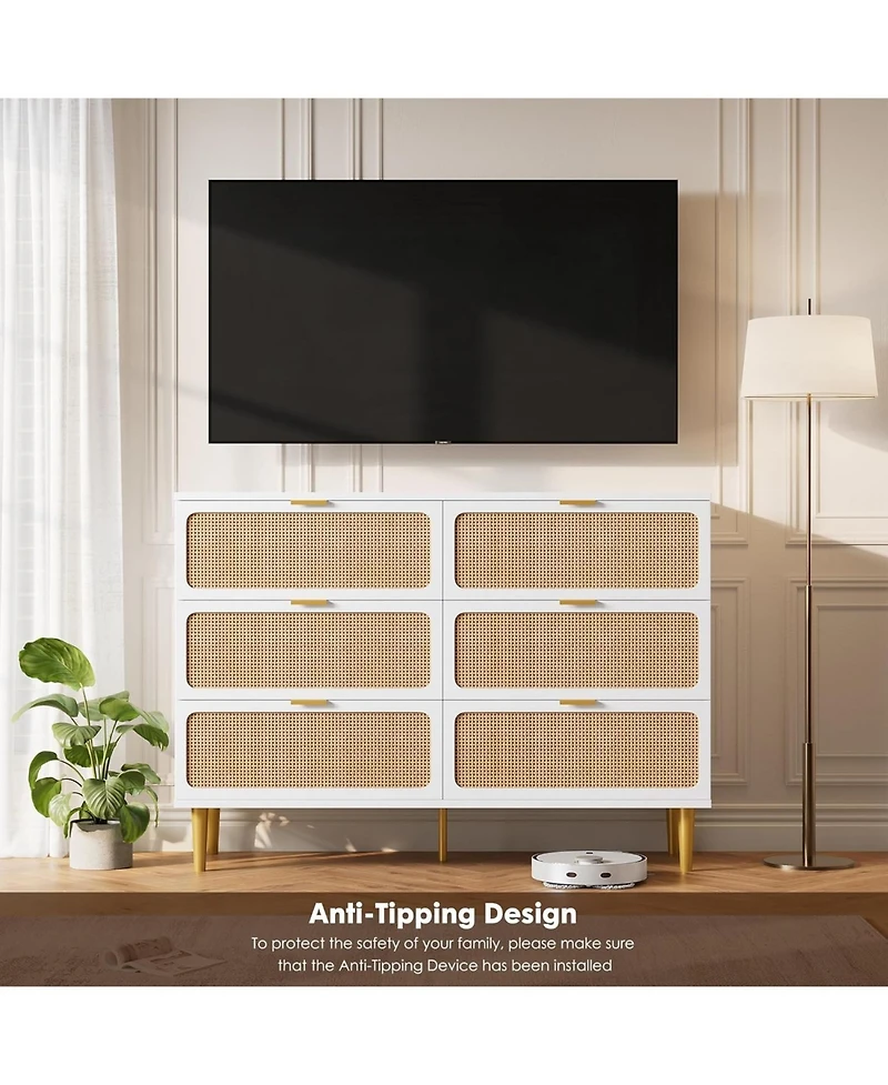 gaomon Modern Rattan 6-Drawer Dresser, Deep Storage & Wide Top for Bedroom