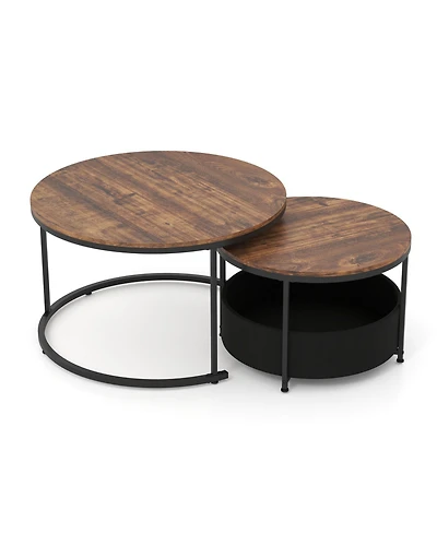 Slickblue Round Cocktail Table Set of 2 with Built-In Fabric Storage Basket