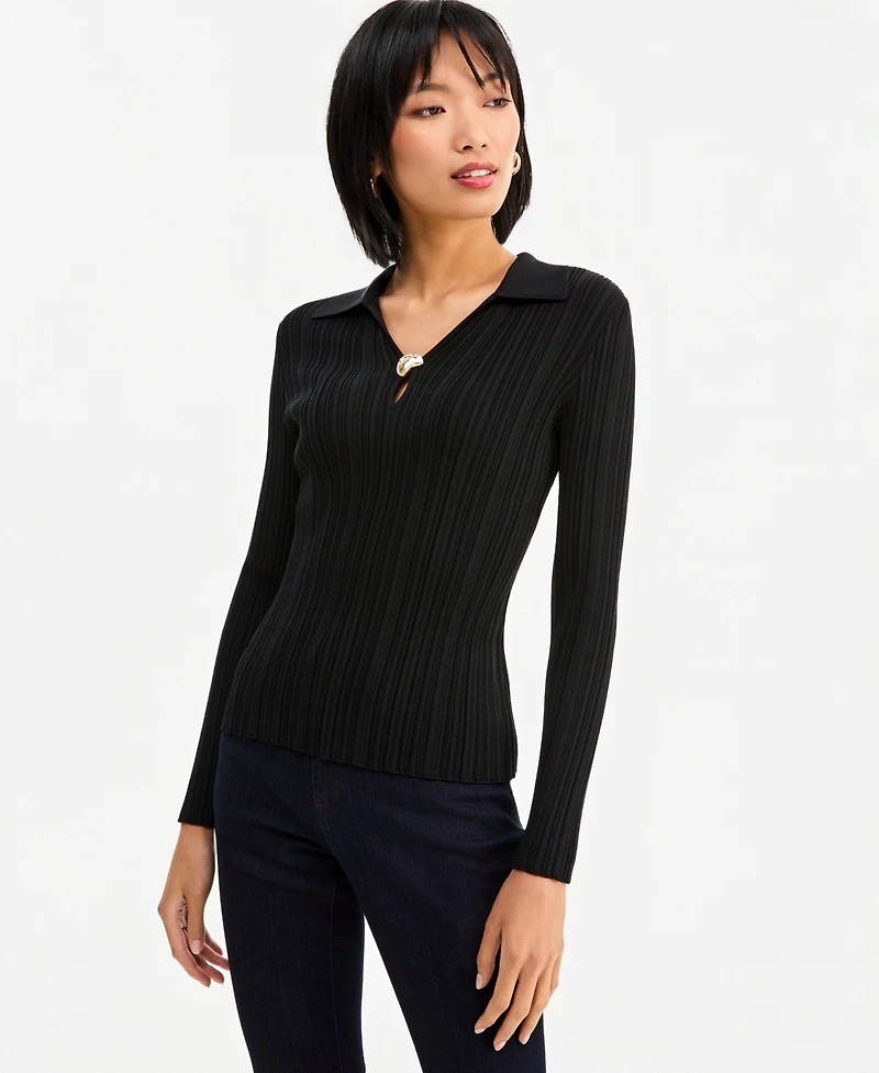 I.n.c. International Concepts Women's Ribbed Hardware V-Neck Sweater, Macy's Exclusive