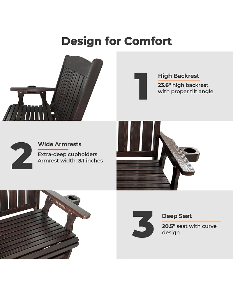 Mega Casa Solid Fir Wood 2-Person Outdoor Glider Bench, Heavy-Duty Wooden Patio Rocking Loveseat with Cup Holders