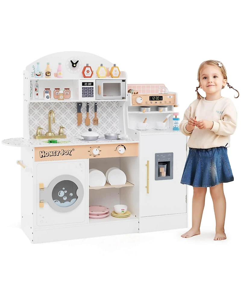 Costway Kids Kitchen Set Wooden Kitchen Playset with Clock, Microwave, Sink, Dish Rack