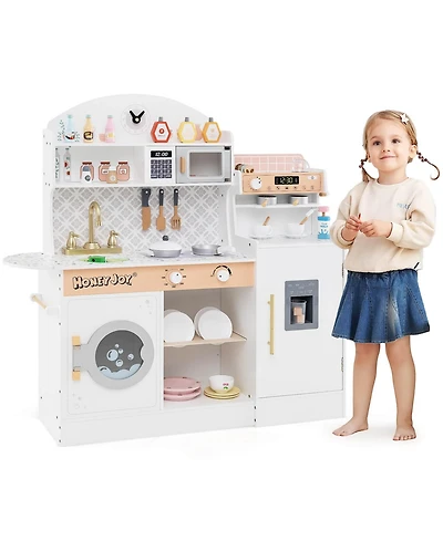 Costway Kids Kitchen Set Wooden Kitchen Playset with Clock, Microwave, Sink, Dish Rack