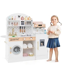 Costway Kids Kitchen Set Wooden Kitchen Playset with Clock, Microwave, Sink, Dish Rack
