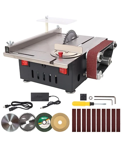 Mini Table Saw Belt Sander, Stainless Steel Top, 4 Blades,10 Sanding Belts,7 Gear 0-90 Adjustable Angle,Diy Cutting Tool for Wood Pcb Acrylic Plastic