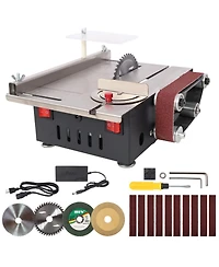 Mini Table Saw Belt Sander, Stainless Steel Top, 4 Blades,10 Sanding Belts,7 Gear 0-90 Adjustable Angle,Diy Cutting Tool for Wood Pcb Acrylic Plastic