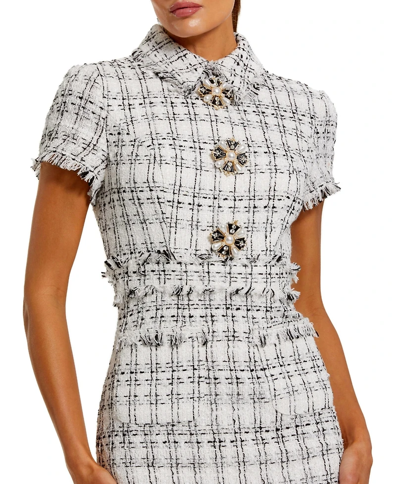 Mac Duggal Women's Fitted Boucle Short Sleeve Button Up Midi Dress