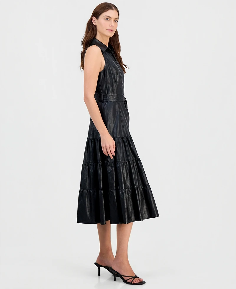 T Tahari Women's Faux-Leather Tie-Waist Tiered Maxi Dress