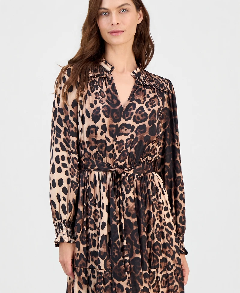 T Tahari Women's Printed Tie-waist Smocked-Cuff Midi Dress