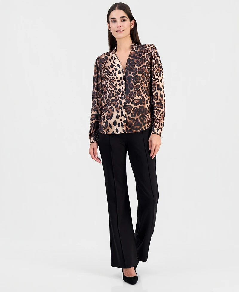 T Tahari Women's Printed Split-Neck Button-Down Blouse