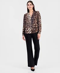 T Tahari Women's Printed Split-Neck Button-Down Blouse