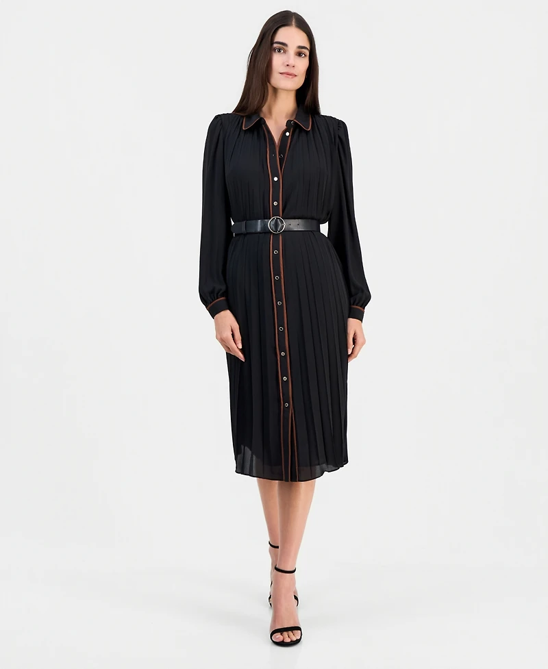 T Tahari Women's Contrast-Tipped Belted Long-Sleeve Shirt Dress