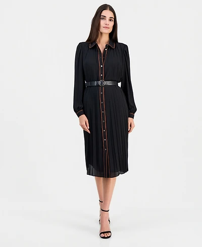 T Tahari Women's Contrast-Tipped Belted Long-Sleeve Shirt Dress
