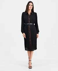 T Tahari Women's Contrast-Tipped Belted Long-Sleeve Shirt Dress