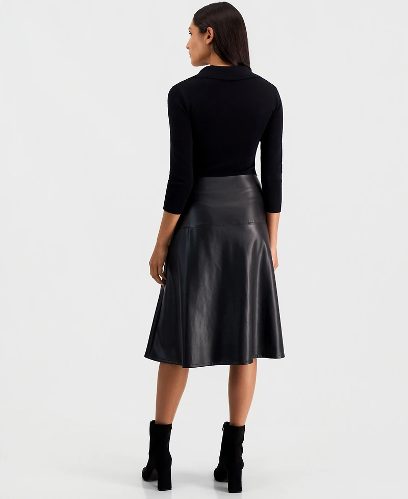 T Tahari Women's Faux-Leather-Skirt Split-Collar 3/4-Sleeve Dress